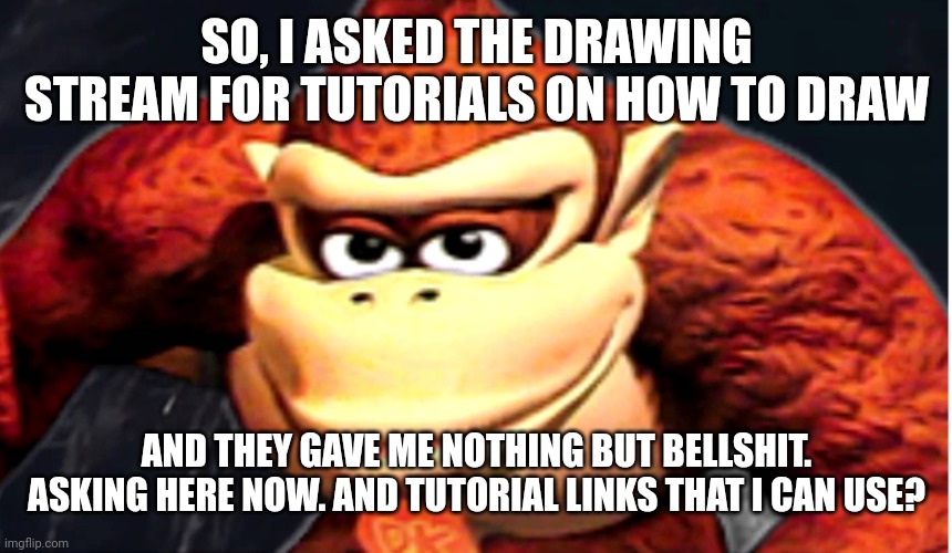 Donkey Kong’s Seducing Face | SO, I ASKED THE DRAWING STREAM FOR TUTORIALS ON HOW TO DRAW; AND THEY GAVE ME NOTHING BUT BELLSHIT. ASKING HERE NOW. AND TUTORIAL LINKS THAT I CAN USE? | image tagged in donkey kong s seducing face | made w/ Imgflip meme maker