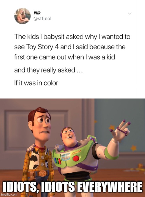 X, X Everywhere Meme | IDIOTS, IDIOTS EVERYWHERE | image tagged in memes,x x everywhere,toy story,movies,color,children | made w/ Imgflip meme maker