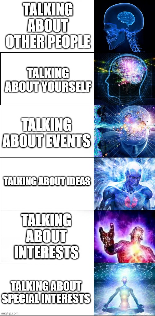 Expanding brain | TALKING ABOUT OTHER PEOPLE; TALKING ABOUT YOURSELF; TALKING ABOUT EVENTS; TALKING ABOUT IDEAS; TALKING ABOUT INTERESTS; TALKING ABOUT SPECIAL INTERESTS | image tagged in expanding brain | made w/ Imgflip meme maker