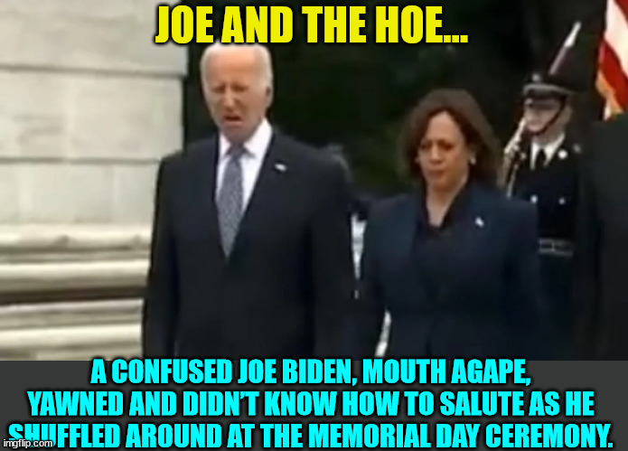JOE AND THE HOE... A CONFUSED JOE BIDEN, MOUTH AGAPE, YAWNED AND DIDN’T KNOW HOW TO SALUTE AS HE SHUFFLED AROUND AT THE MEMORIAL DAY CEREMON | made w/ Imgflip meme maker