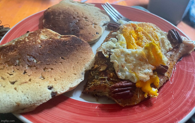 What I made for breakfast today. Salmon, fried egg, and pan cakes. My dad says the salmon was the best that he had ever tasted | image tagged in cooking | made w/ Imgflip meme maker