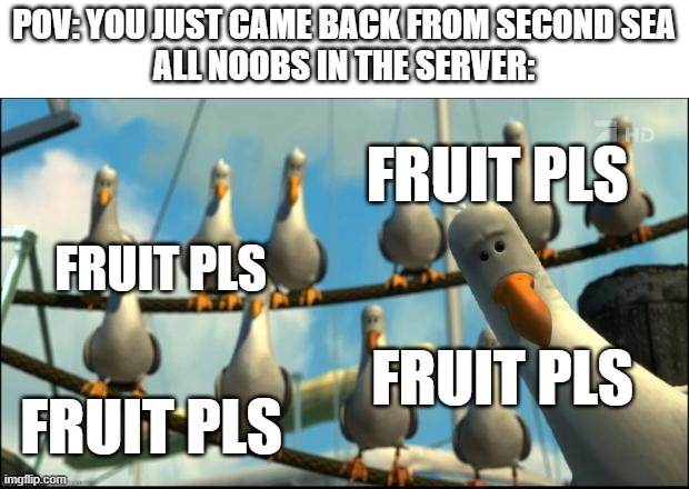 Blox fruits fans who reached second sea here? | POV: YOU JUST CAME BACK FROM SECOND SEA
ALL NOOBS IN THE SERVER:; FRUIT PLS; FRUIT PLS; FRUIT PLS; FRUIT PLS | image tagged in nemo seagulls mine | made w/ Imgflip meme maker