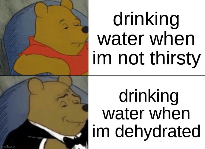 Tuxedo Winnie The Pooh | drinking water when im not thirsty; drinking water when im dehydrated | image tagged in memes,tuxedo winnie the pooh | made w/ Imgflip meme maker
