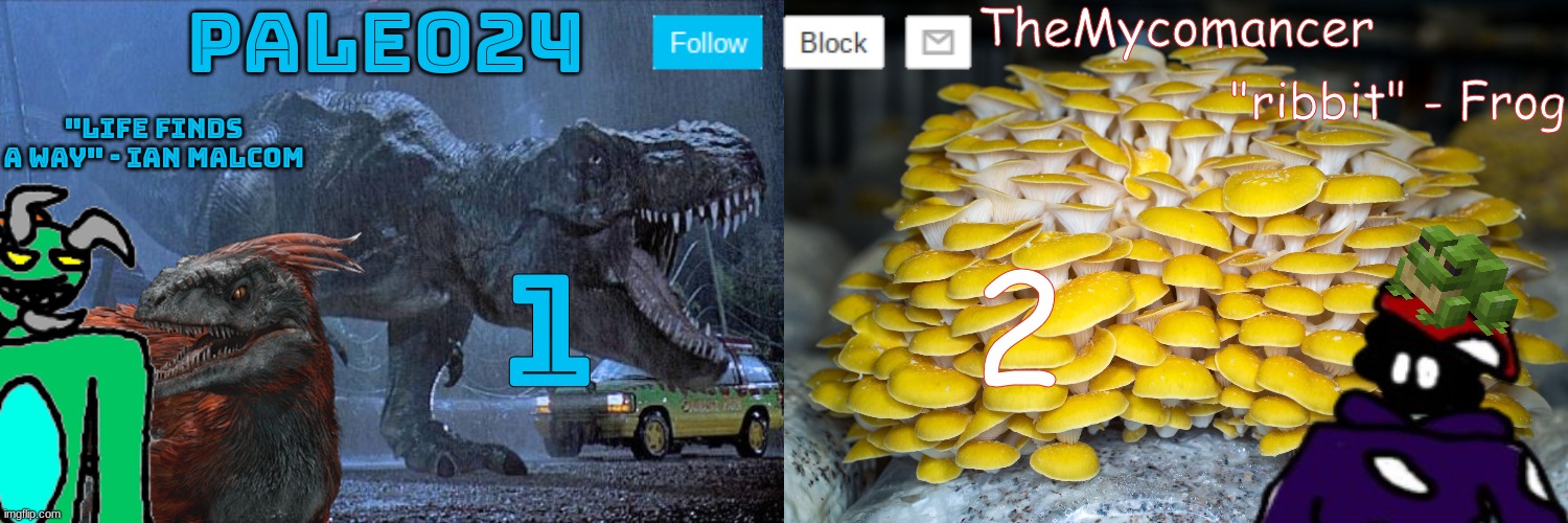 A shared temp I made with me and TheMycomancer | 1; 2 | image tagged in paleo24 and themycomancer's shared template | made w/ Imgflip meme maker