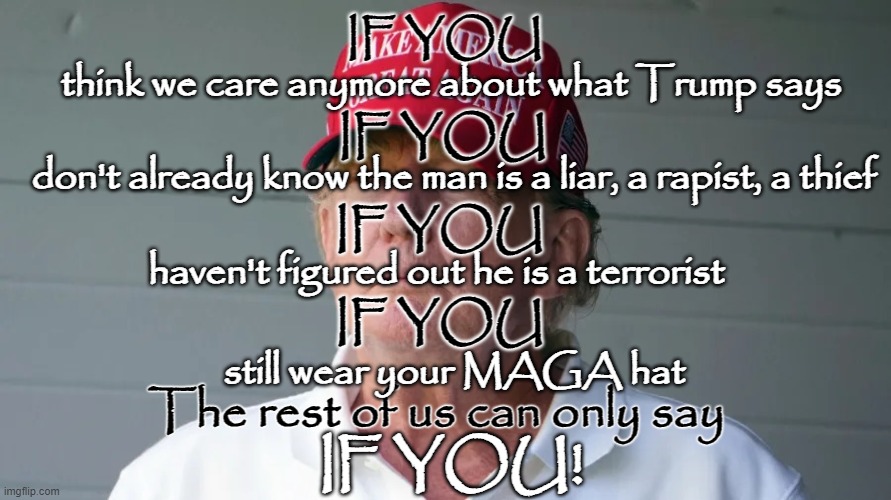 IF YOU! | IF YOU; think we care anymore about what Trump says; IF YOU; don't already know the man is a liar, a rapist, a thief; IF YOU; haven't figured out he is a terrorist; IF YOU; still wear your MAGA hat; The rest of us can only say; IF YOU! | image tagged in nevertrump,trump for prison,slime,crime,should do time | made w/ Imgflip meme maker