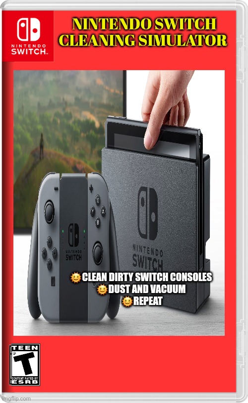 No this is not ok | NINTENDO SWITCH CLEANING SIMULATOR; 🌞CLEAN DIRTY SWITCH CONSOLES 
🌞DUST AND VACUUM 
🌞REPEAT | image tagged in nintendo switch,games,best game ever,stop it get some help | made w/ Imgflip meme maker