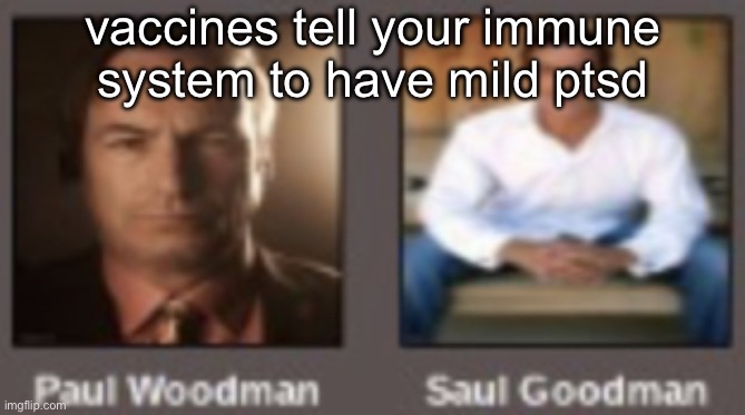 paul vs saul | vaccines tell your immune system to have mild ptsd | image tagged in paul vs saul | made w/ Imgflip meme maker