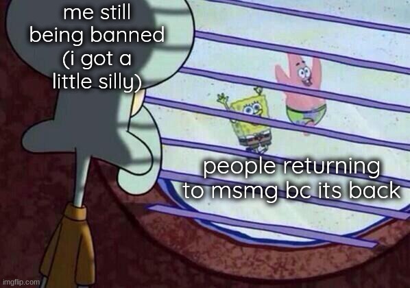 if one of yall get mod can u unban me pretty please | me still being banned (i got a little silly); people returning to msmg bc its back | image tagged in squidward window | made w/ Imgflip meme maker