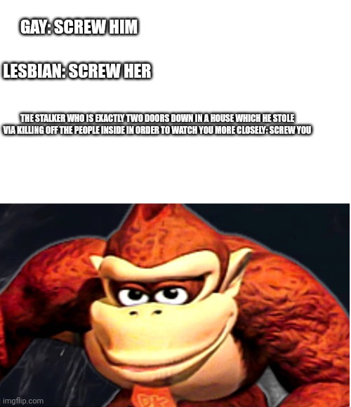 Silly :> | GAY: SCREW HIM; LESBIAN: SCREW HER; THE STALKER WHO IS EXACTLY TWO DOORS DOWN IN A HOUSE WHICH HE STOLE VIA KILLING OFF THE PEOPLE INSIDE IN ORDER TO WATCH YOU MORE CLOSELY: SCREW YOU | image tagged in donkey kong s seducing face | made w/ Imgflip meme maker