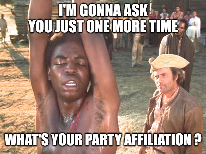 Roots Whipping | I'M GONNA ASK YOU JUST ONE MORE TIME WHAT'S YOUR PARTY AFFILIATION ? | image tagged in roots whipping | made w/ Imgflip meme maker