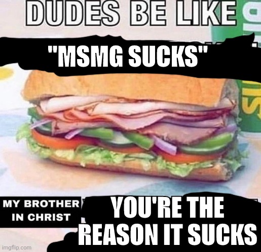 Brother in Christ Subway | "MSMG SUCKS"; YOU'RE THE REASON IT SUCKS | image tagged in brother in christ subway | made w/ Imgflip meme maker