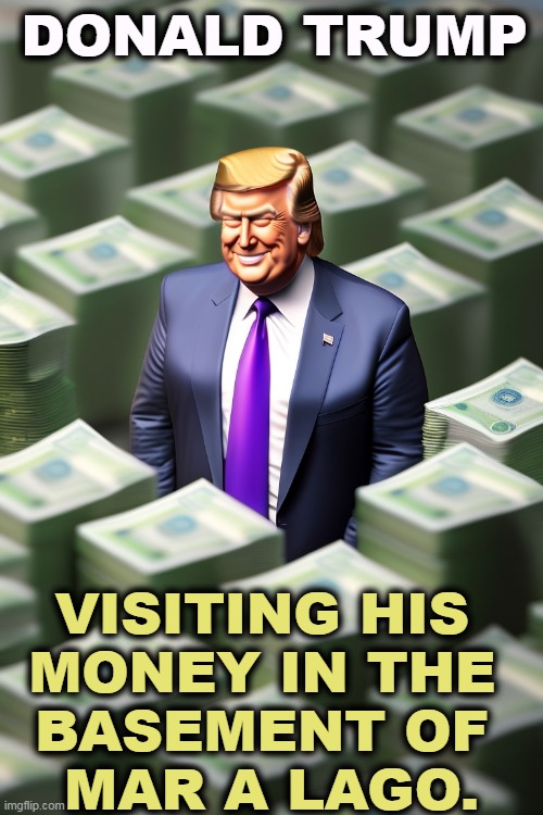 DONALD TRUMP; VISITING HIS 
MONEY IN THE 
BASEMENT OF 
MAR A LAGO. | image tagged in trump,liar,basement,mar a lago,money,millions | made w/ Imgflip meme maker