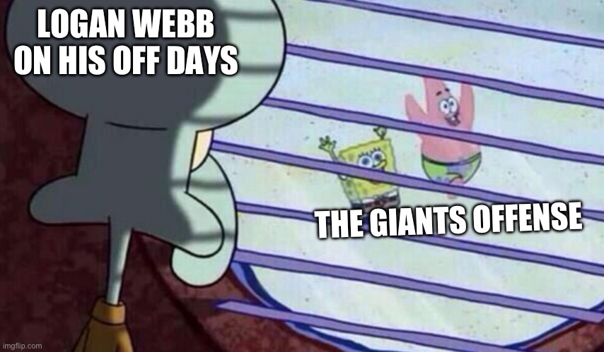 Spongebob looking out window | LOGAN WEBB ON HIS OFF DAYS; THE GIANTS OFFENSE | image tagged in spongebob looking out window | made w/ Imgflip meme maker
