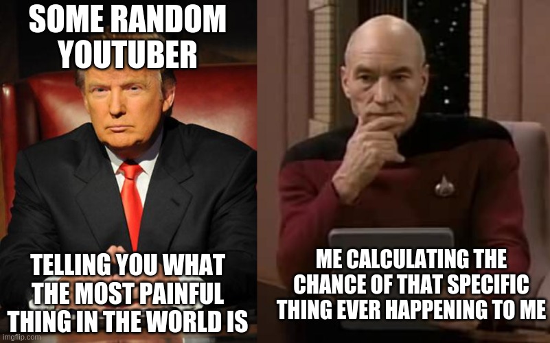 SOME RANDOM YOUTUBER; ME CALCULATING THE CHANCE OF THAT SPECIFIC THING EVER HAPPENING TO ME; TELLING YOU WHAT THE MOST PAINFUL THING IN THE WORLD IS | image tagged in serious trump,picard thinking,brain games | made w/ Imgflip meme maker