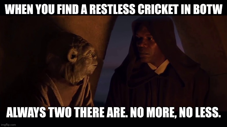 Always Two There Are Master Apprentice Sith Jedi Yoda Mace | WHEN YOU FIND A RESTLESS CRICKET IN BOTW; ALWAYS TWO THERE ARE. NO MORE, NO LESS. | image tagged in always two there are master apprentice sith jedi yoda mace | made w/ Imgflip meme maker