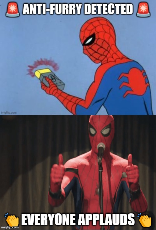 Arachnid Kid is on OUR side, now. | 👏EVERYONE APPLAUDS👏 | image tagged in anti-furry detected,spiderman,thumbs up | made w/ Imgflip meme maker