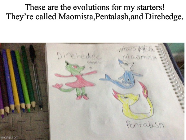 Sorry the image is blurred | These are the evolutions for my starters! They’re called Maomista,Pentalash,and Direhedge. | image tagged in pokemon,fake | made w/ Imgflip meme maker
