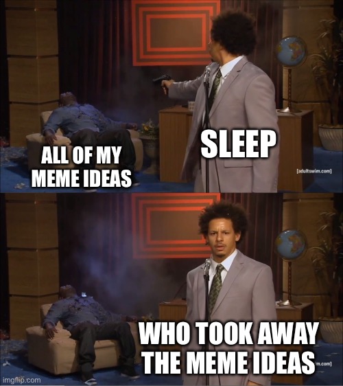 This has happened for 4 days in a row. Partially because of my ADHD, but still, it’s so annoying. | SLEEP; ALL OF MY MEME IDEAS; WHO TOOK AWAY THE MEME IDEAS | image tagged in memes,who killed hannibal,relatable,sleep,meme ideas,why are you reading the tags | made w/ Imgflip meme maker