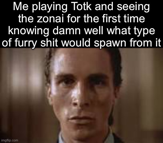 . | Me playing Totk and seeing the zonai for the first time knowing damn well what type of furry shit would spawn from it | image tagged in patrick bateman staring | made w/ Imgflip meme maker