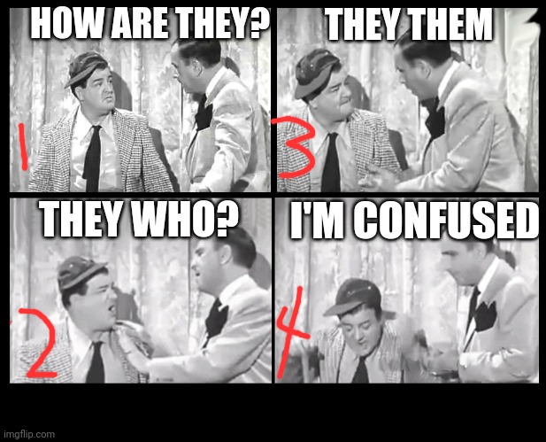 Abbott and Costello Arguing | HOW ARE THEY? THEY WHO? THEY THEM I'M CONFUSED | image tagged in abbott and costello arguing | made w/ Imgflip meme maker