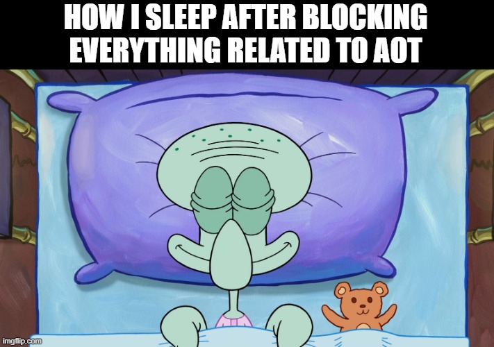 squidward sleeping peacefully | HOW I SLEEP AFTER BLOCKING EVERYTHING RELATED TO AOT | image tagged in squidward sleeping peacefully | made w/ Imgflip meme maker