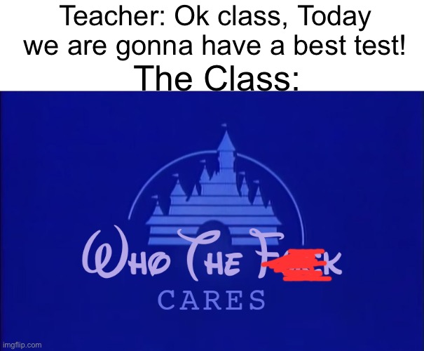 This happened to me Lmaooooo | Teacher: Ok class, Today we are gonna have a best test! The Class: | image tagged in disney who cares,memes,funny,bruh,disney,school | made w/ Imgflip meme maker