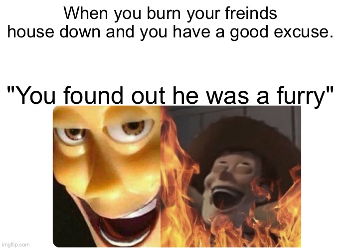 Satanic Woody | When you burn your freinds house down and you have a good excuse. "You found out he was a furry" | image tagged in satanic woody | made w/ Imgflip meme maker