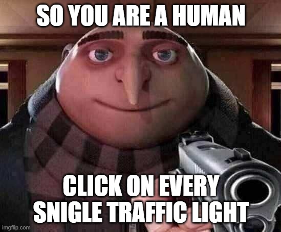 CAPTCHA BE LIKE | SO YOU ARE A HUMAN; CLICK ON EVERY SNIGLE TRAFFIC LIGHT | image tagged in gru gun | made w/ Imgflip meme maker