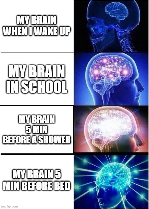Expanding Brain Meme | MY BRAIN WHEN I WAKE UP; MY BRAIN IN SCHOOL; MY BRAIN 5 MIN BEFORE A SHOWER; MY BRAIN 5 MIN BEFORE BED | image tagged in memes,expanding brain | made w/ Imgflip meme maker