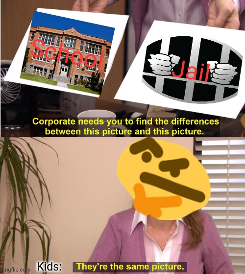 WHY DO WE HAVE TO GO TO SCHOOL | School; Jail; Kids: | image tagged in memes,they're the same picture,school | made w/ Imgflip meme maker