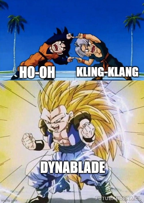 Can you please add no ribbon cruelty rule | KLING-KLANG; HO-OH; DYNABLADE | image tagged in dbz fusion | made w/ Imgflip meme maker