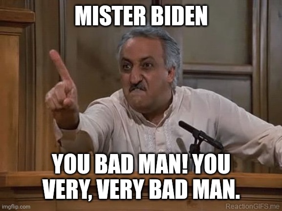 Very Bad Man Seinfeld | MISTER BIDEN YOU BAD MAN! YOU VERY, VERY BAD MAN. | image tagged in very bad man seinfeld | made w/ Imgflip meme maker