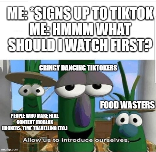 Why did I suddenly make to memes about social media?  Idk either. | ME: *SIGNS UP TO TIKTOK
ME: HMMM WHAT SHOULD I WATCH FIRST? CRINGY DANCING TIKTOKERS; FOOD WASTERS; PEOPLE WHO MAKE FAKE CONTENT (ROBLOX HACKERS, TIME TRAVELLING ETC.) | image tagged in allow us to introduce ourselves,tiktok,cringe,food wasters,fake content | made w/ Imgflip meme maker