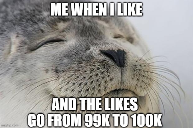 aaaa...... satisfied | ME WHEN I LIKE; AND THE LIKES GO FROM 99K TO 100K | image tagged in memes,satisfied seal | made w/ Imgflip meme maker