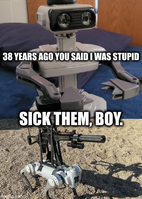 killbot payback is a b | 38 YEARS AGO YOU SAID I WAS STUPID; SICK THEM, BOY. | image tagged in memes | made w/ Imgflip meme maker