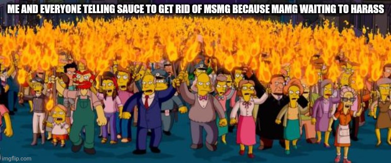 Simpsons angry mob torches | ME AND EVERYONE TELLING SAUCE TO GET RID OF MSMG BECAUSE MAMG WAITING TO HARASS | image tagged in simpsons angry mob torches | made w/ Imgflip meme maker
