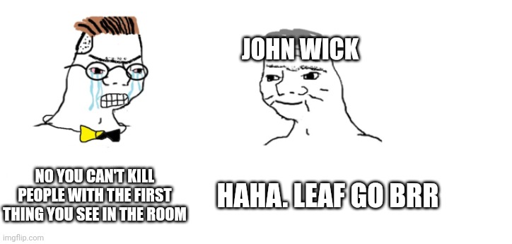 Basically John wick | JOHN WICK; NO YOU CAN'T KILL PEOPLE WITH THE FIRST THING YOU SEE IN THE ROOM; HAHA. LEAF GO BRR | image tagged in nooo haha go brrr | made w/ Imgflip meme maker