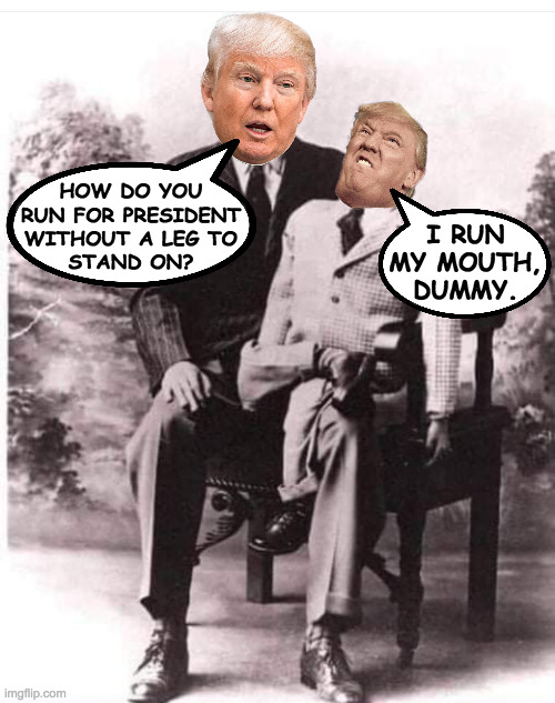 Two dummies. | HOW DO YOU
RUN FOR PRESIDENT
WITHOUT A LEG TO
STAND ON? I RUN
MY MOUTH,
DUMMY. | image tagged in memes,trump | made w/ Imgflip meme maker