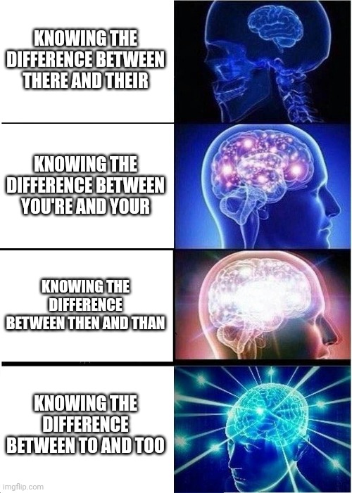 maybe the order is messed up slightly | KNOWING THE DIFFERENCE BETWEEN THERE AND THEIR; KNOWING THE DIFFERENCE BETWEEN YOU'RE AND YOUR; KNOWING THE DIFFERENCE BETWEEN THEN AND THAN; KNOWING THE DIFFERENCE BETWEEN TO AND TOO | image tagged in memes,expanding brain | made w/ Imgflip meme maker