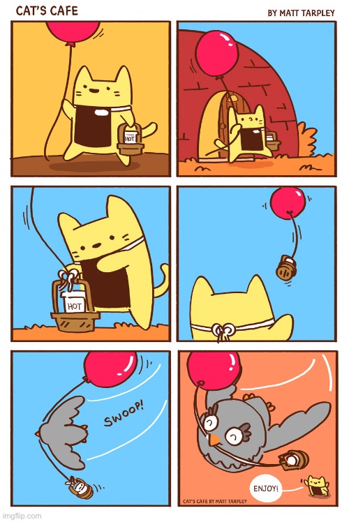 A high flying customer | image tagged in bird,cat,coffee,balloon | made w/ Imgflip meme maker