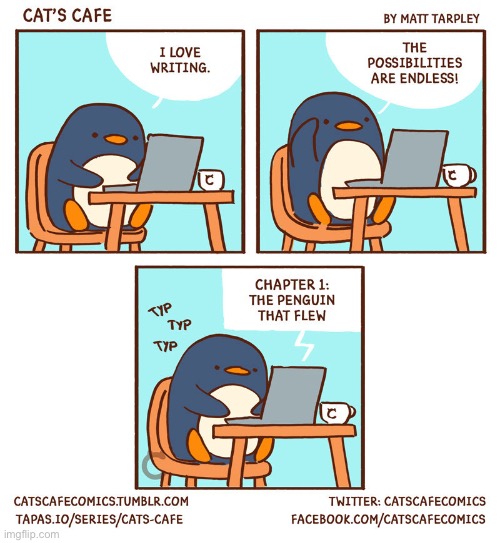 Penguin the writer | image tagged in penguin,coffee,computer,writing | made w/ Imgflip meme maker