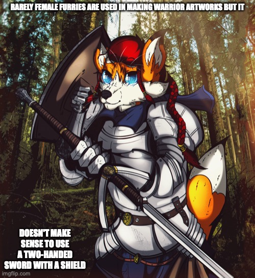 Female Fox Knight (Artwork by 0I_Fox_I0 From DeviantArt) | RARELY FEMALE FURRIES ARE USED IN MAKING WARRIOR ARTWORKS BUT IT; DOESN'T MAKE SENSE TO USE A TWO-HANDED SWORD WITH A SHIELD | image tagged in furry,memes,knight | made w/ Imgflip meme maker