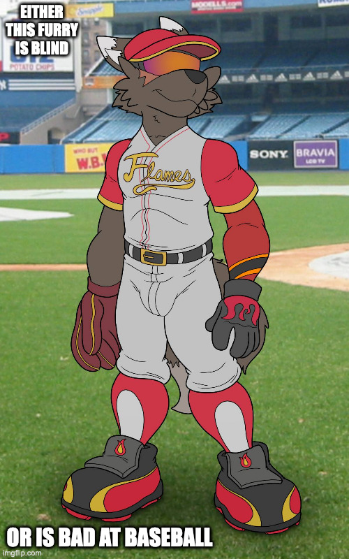 Baseball Player With Visor (Credit by How-Did-We-Get-Here on DeviantArt) | EITHER THIS FURRY IS BLIND; OR IS BAD AT BASEBALL | image tagged in visor,furry,baseball,memes | made w/ Imgflip meme maker
