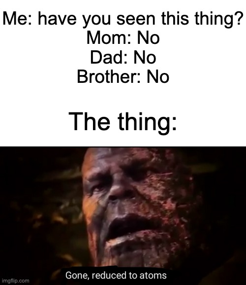 SO WHO THE HECK MOVED IT | Me: have you seen this thing?
Mom: No
Dad: No
Brother: No; The thing: | image tagged in blank white template,thanos gone reduced to atoms,missing | made w/ Imgflip meme maker
