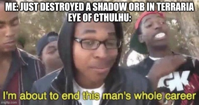 I’m about to end this man’s whole career | ME: JUST DESTROYED A SHADOW ORB IN TERRARIA
EYE OF CTHULHU: | image tagged in i m about to end this man s whole career | made w/ Imgflip meme maker