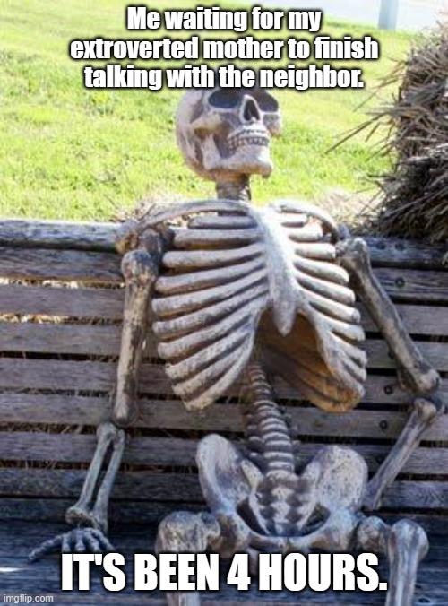 POV: Your mother chatting with your neighbor. | Me waiting for my extroverted mother to finish talking with the neighbor. IT'S BEEN 4 HOURS. | image tagged in memes,waiting skeleton | made w/ Imgflip meme maker