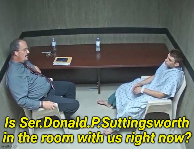 . | Is Ser.Donald.P.Suttingsworth in the room with us right now? | image tagged in are they in the room with us right now | made w/ Imgflip meme maker