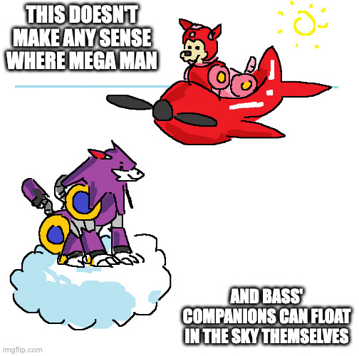 Rush and Treble in the Sky | THIS DOESN'T MAKE ANY SENSE WHERE MEGA MAN; AND BASS' COMPANIONS CAN FLOAT IN THE SKY THEMSELVES | image tagged in rush,treble,megaman,memes | made w/ Imgflip meme maker
