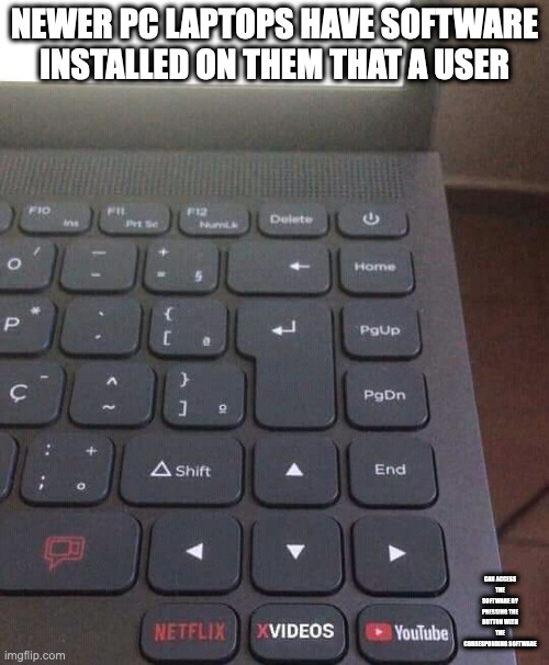 PC Laptop With Netflix and YouTube Buttons | NEWER PC LAPTOPS HAVE SOFTWARE INSTALLED ON THEM THAT A USER; CAN ACCESS THE SOFTWARE BY PRESSING THE BUTTON WITH THE CORRESPONDING SOFTWARE | image tagged in computers,memes | made w/ Imgflip meme maker
