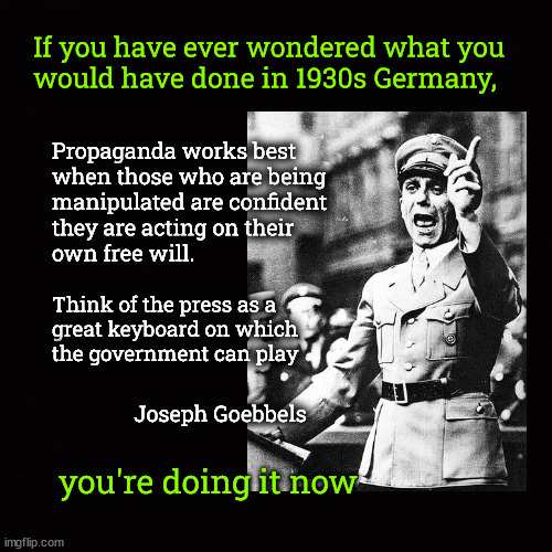 If you have ever wondered what you would have done in 1930s Germany ... | If you have ever wondered what you
would have done in 1930s Germany, Propaganda works best
when those who are being
manipulated are confident
they are acting on their 
own free will. Think of the press as a 
great keyboard on which 
the government can play; Joseph Goebbels; you're doing it now | image tagged in propaganda,joseph goebbels,biased media | made w/ Imgflip meme maker